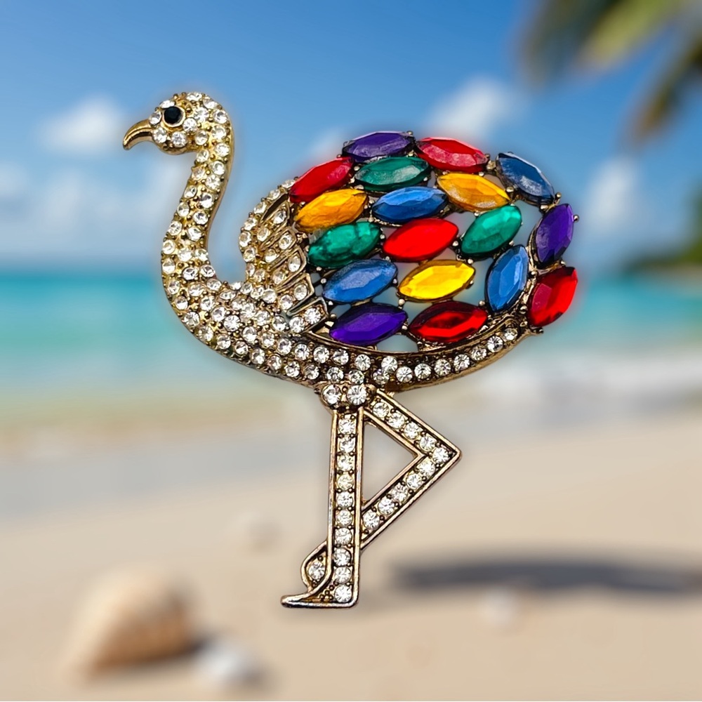 Stunning Colorful Rhinestone Flamingo Statement Brooch
